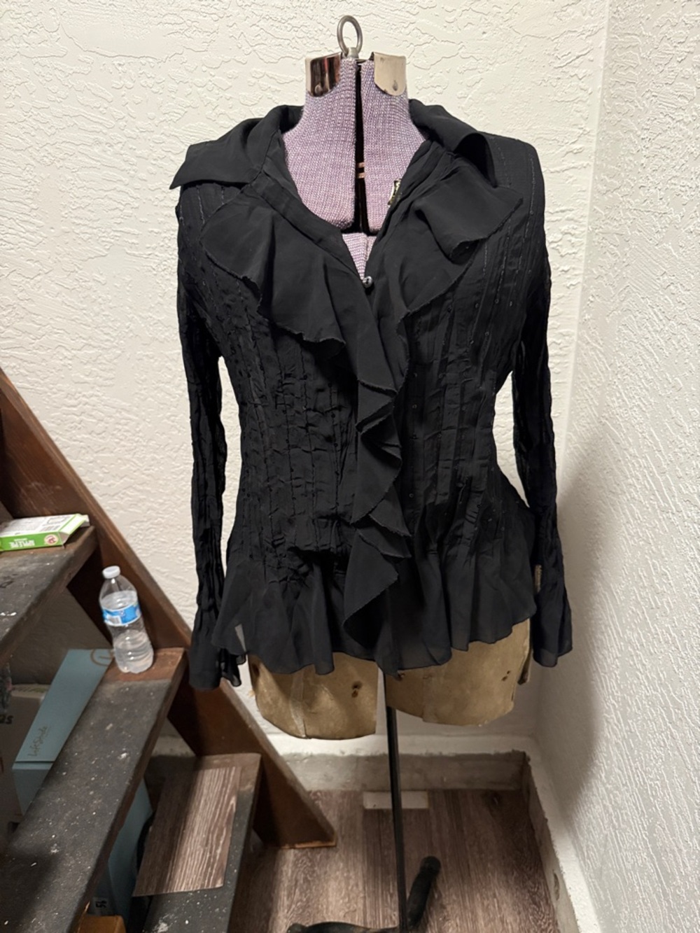 Women's Black Ruffle-Front Long Sleeve Blouse